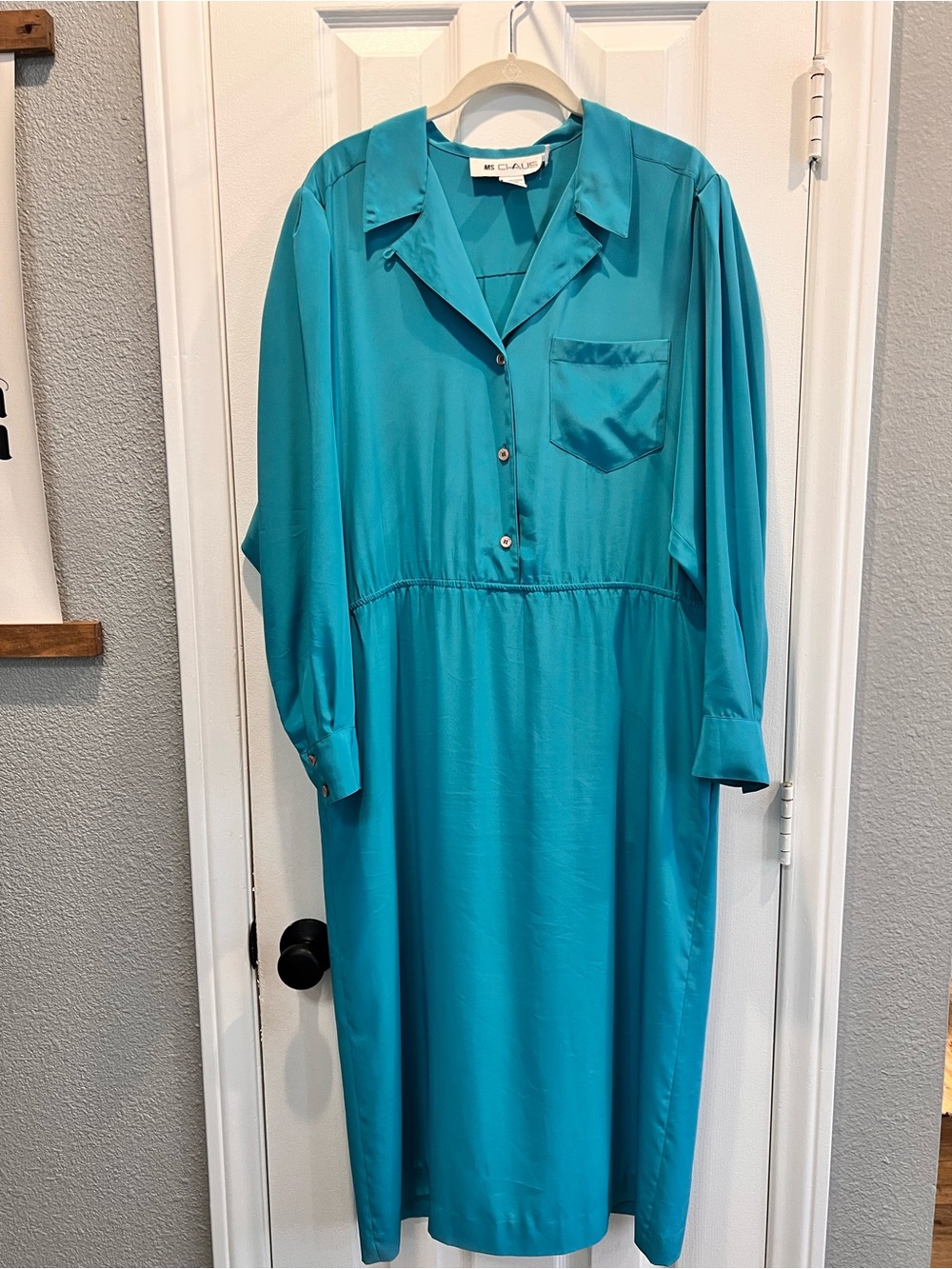 VTG 80s Ms Chaus Teal Blue Satin Shirtdress Midi Button Front Long Sleeve Sz 12